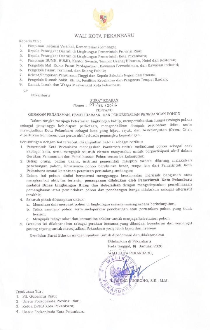 wali-kota-pekanbaru-terbitkan-surat-edaran-larangan-penebangan-pohon