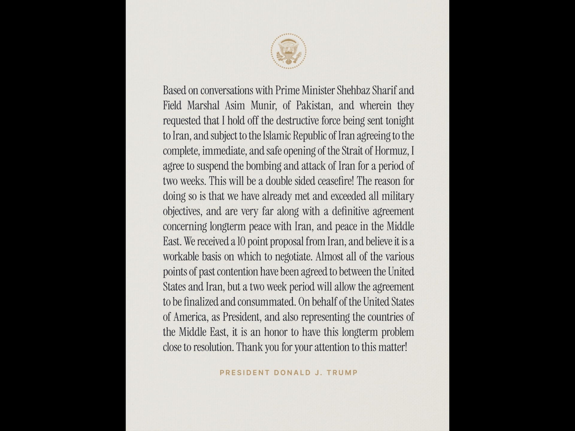 Gedung Putih mengonfirmasi penangguhan serangan terhadap Iran selama dua minggu